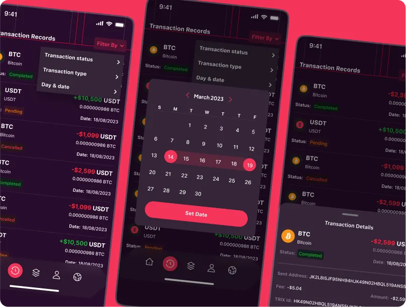 BTX Wallet product screens designed and built with Botmer